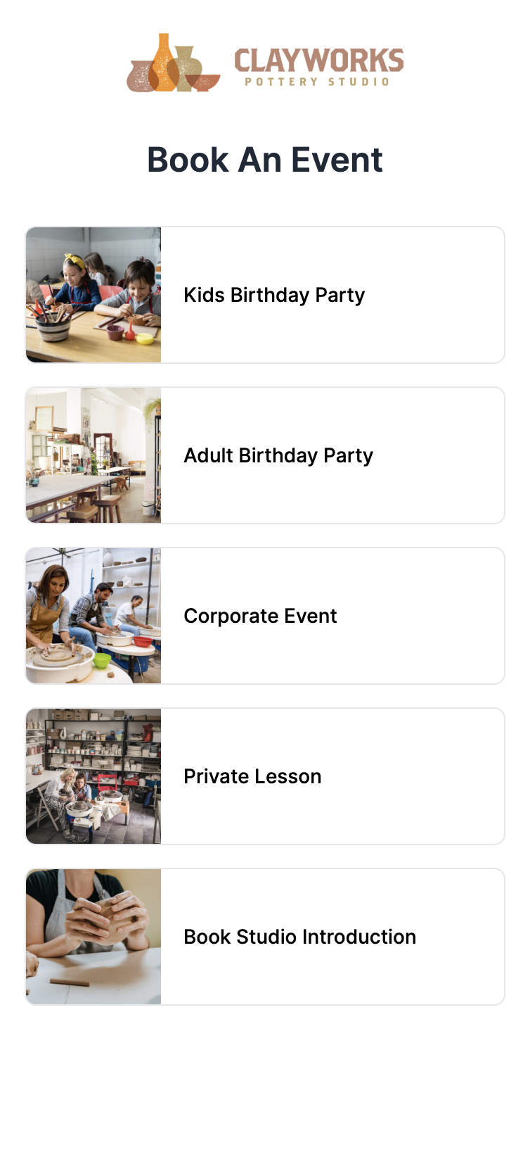 Pottery App Private Events Booking screenshot